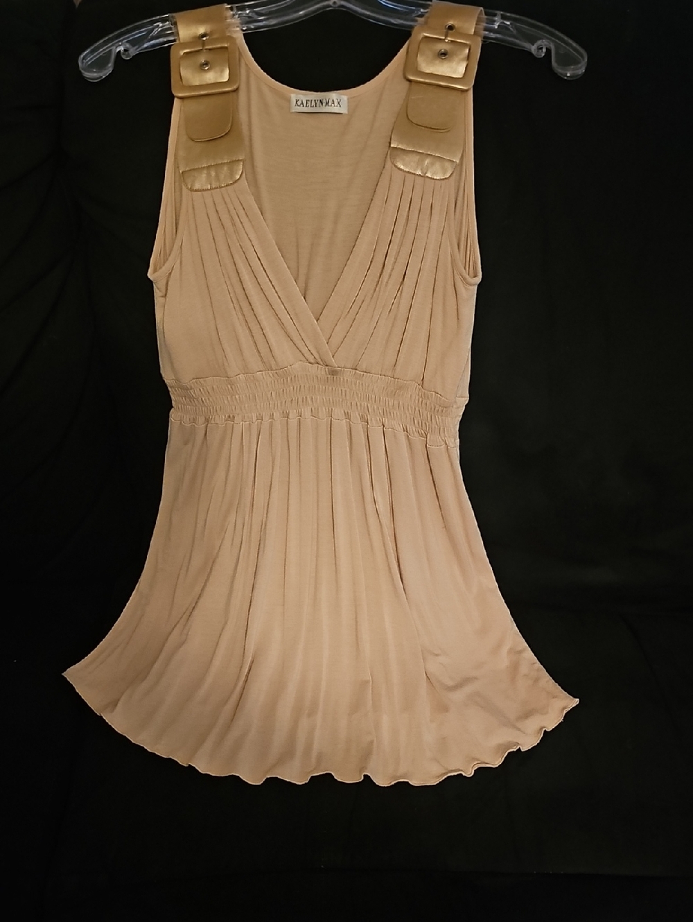 Kaelyn-Max Pleated V-Neck Tank Top in Tan with Stylish Buckle-Strap Shoulders